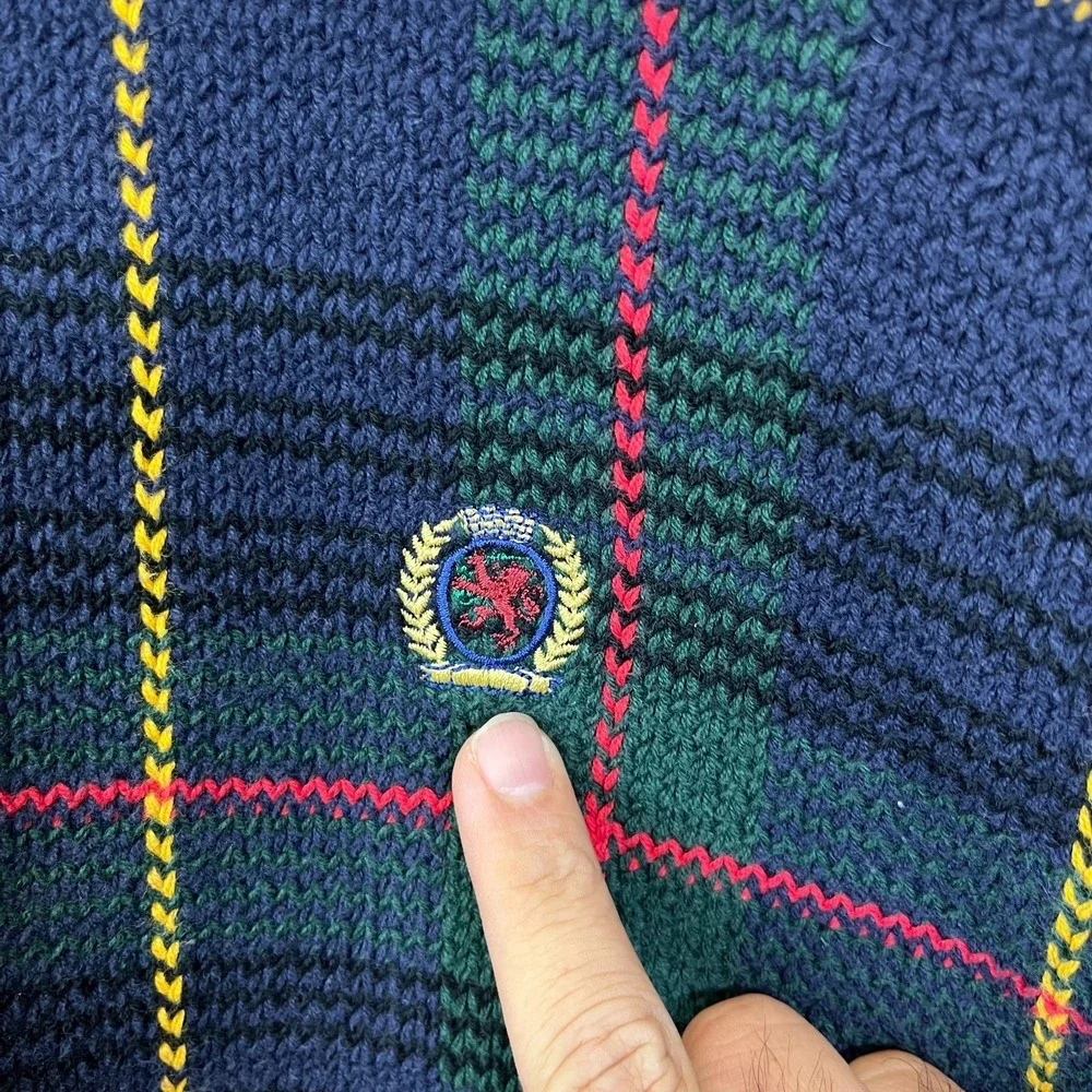 Vintage Tommy Hilfiger Sweater Mens Navy Green Knit Long Sleeve Pullover - Large - Picture 8 of 16